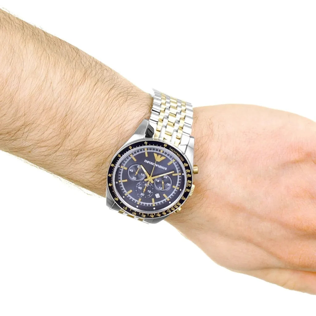 Emporio Armani AR8030 Men’s Watch – Tazio XLarge Two-Tone Stainless Steel with Blue Dial 46mm