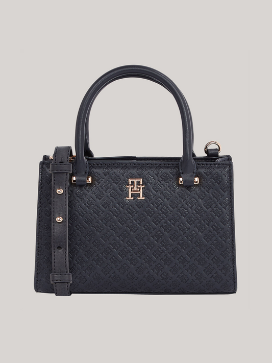 Tommy Hilfiger TH Monogram Debossed Tote – Black Faux Leather Handbag