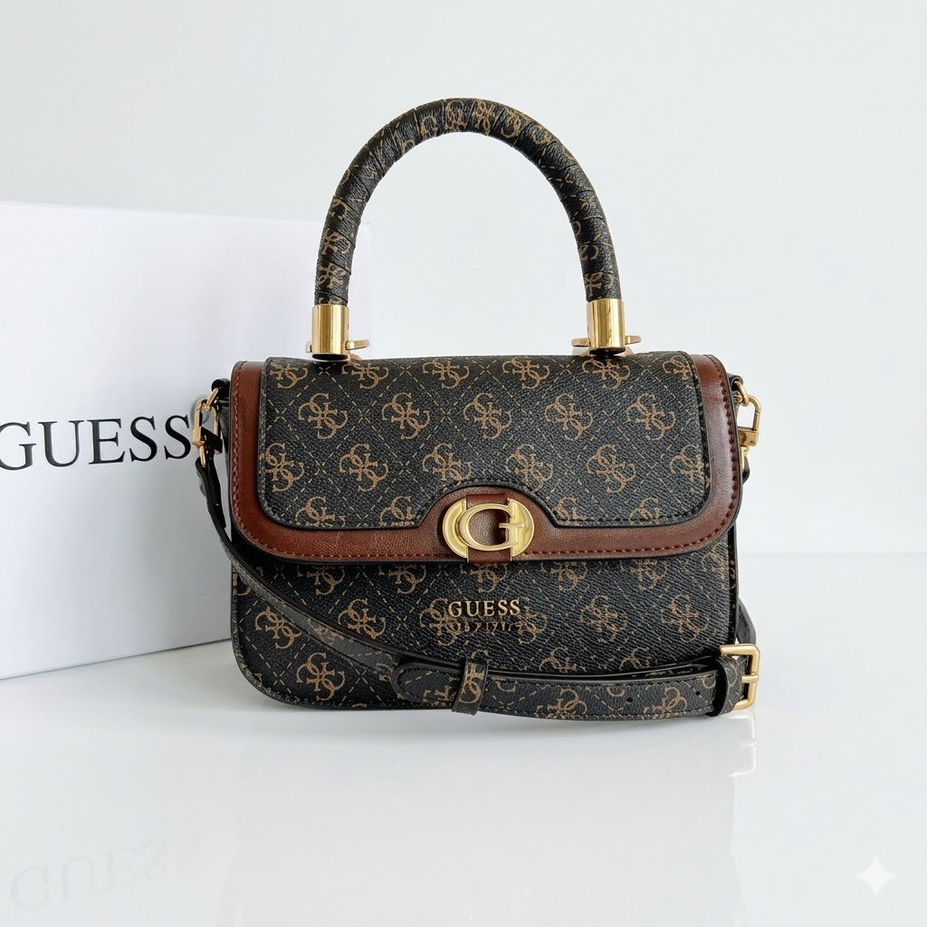 GUESS Luxury Monogram Handbag with Adjustable Crossbody Strap – Dark Brown#190
