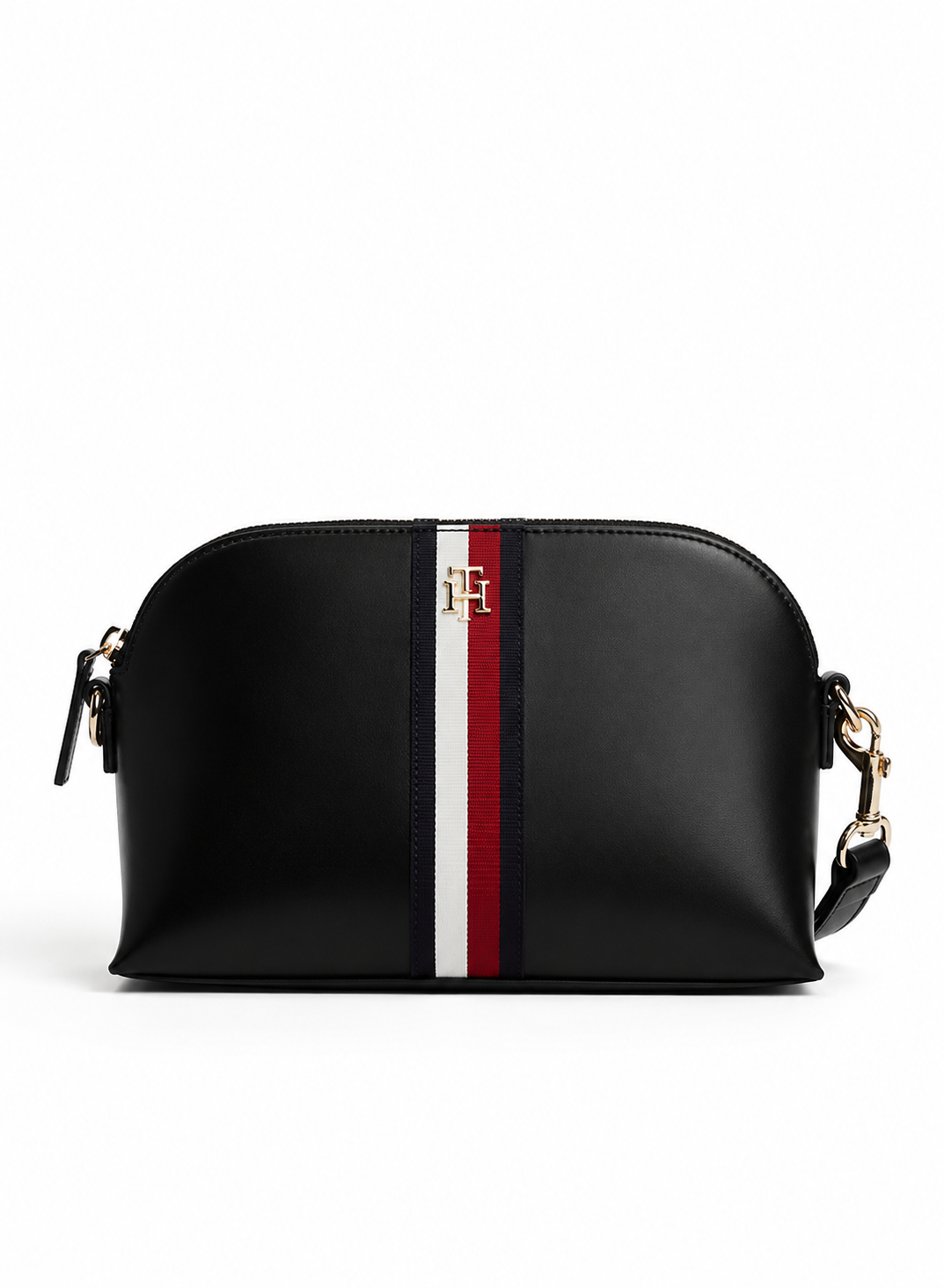 Tommy Hilfiger Women's Half-Moon Crossbody Bag – Black with Signature Stripe & Adjustable Shoulder Strap#05