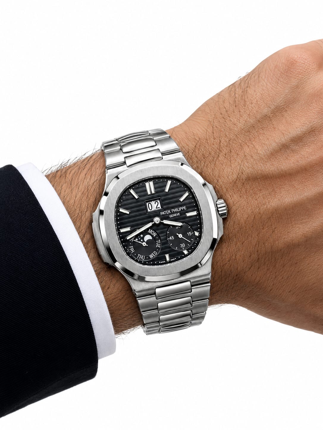 Luxury Nautilus-Style Stainless Steel Watch – Black Dial, Multi-Function Display