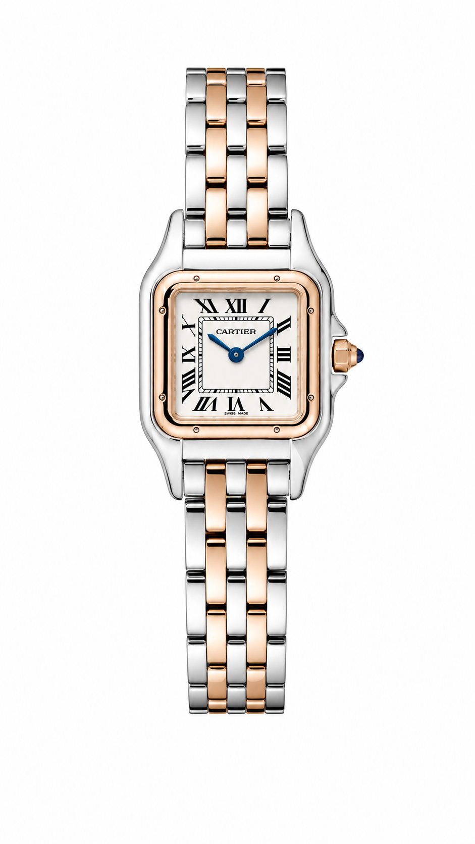 Cartier Women's Small Square Two-Tone Stainless Steel Watch with White Dial & Rose Gold Accents  Dimensions: 25.1 × 18.5 mm