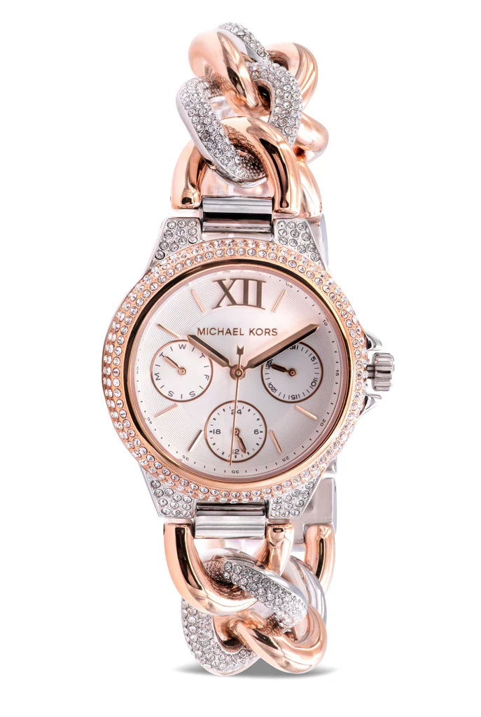 Michael Kors Camille Pavé Women’s Chronograph Watch – Two-Tone Stainless Steel with Crystal Bracelet | Silver Dial | 34mm | MK6843