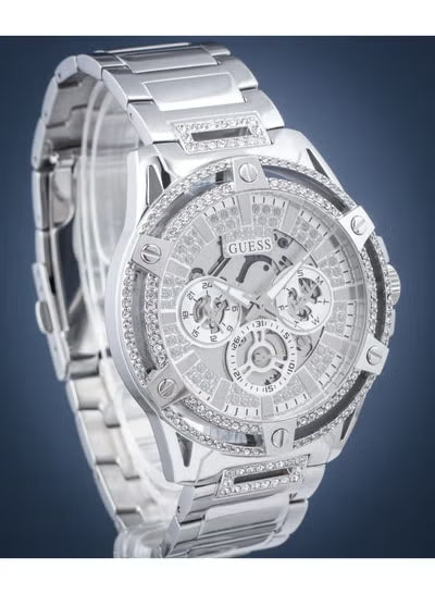 Guess GW0497G1 King Men's Multi-Function Watch – Silver Skeleton Dial with Crystals, Stainless Steel Bracelet, 48mm Quartz