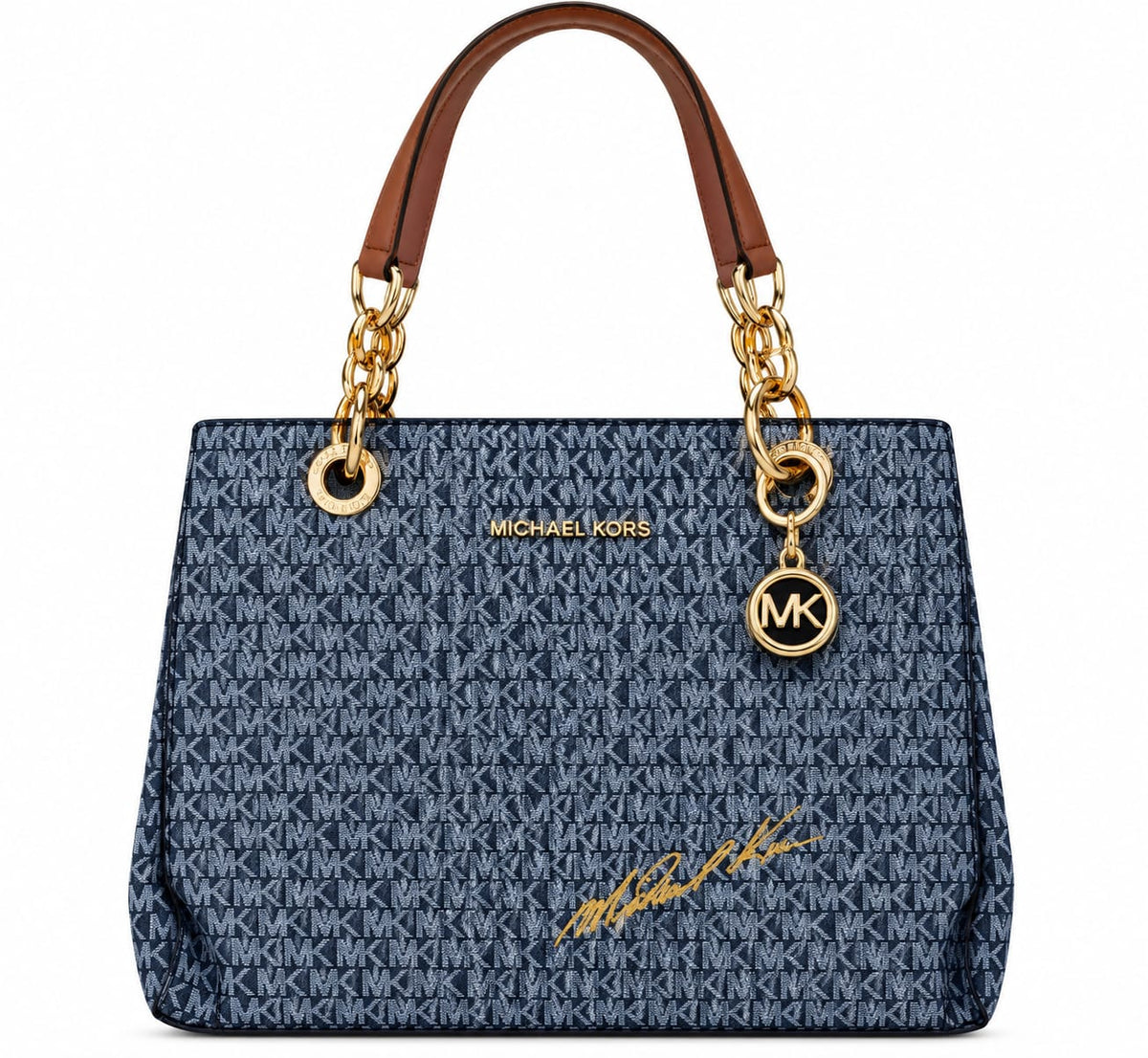 Michael Kors Monogram Tote Bag with Chain Straps and Gold Accents, Blue#0056