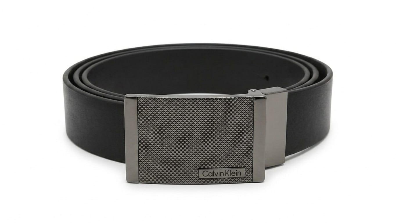 Calvin Klein Men's Reversible Belt – Black & Dark Brown Leather with Geometric Gunmetal Buckle#024