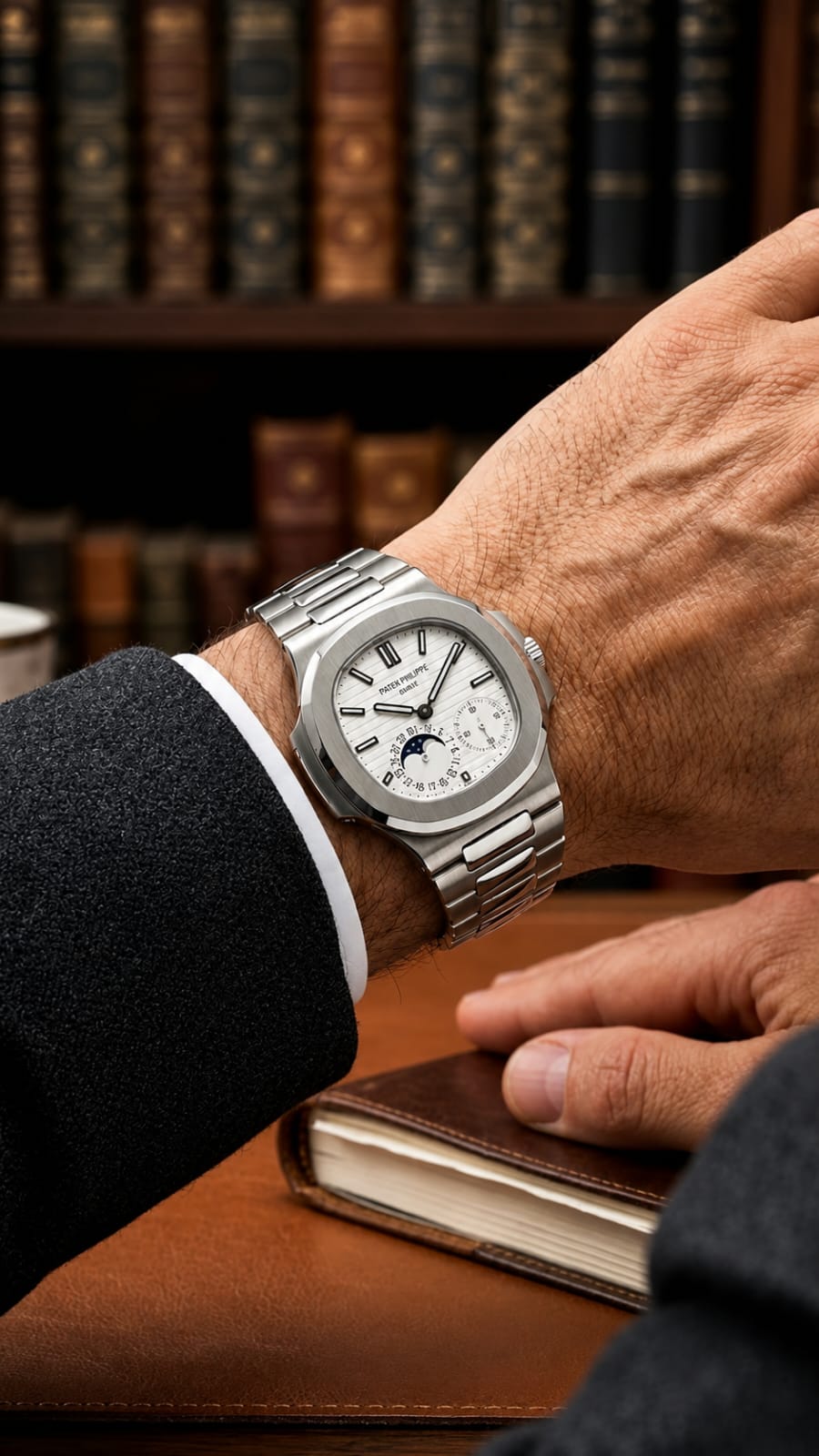 Luxury Nautilus-Style Stainless Steel Watch – White Dial, Multi-Function Display