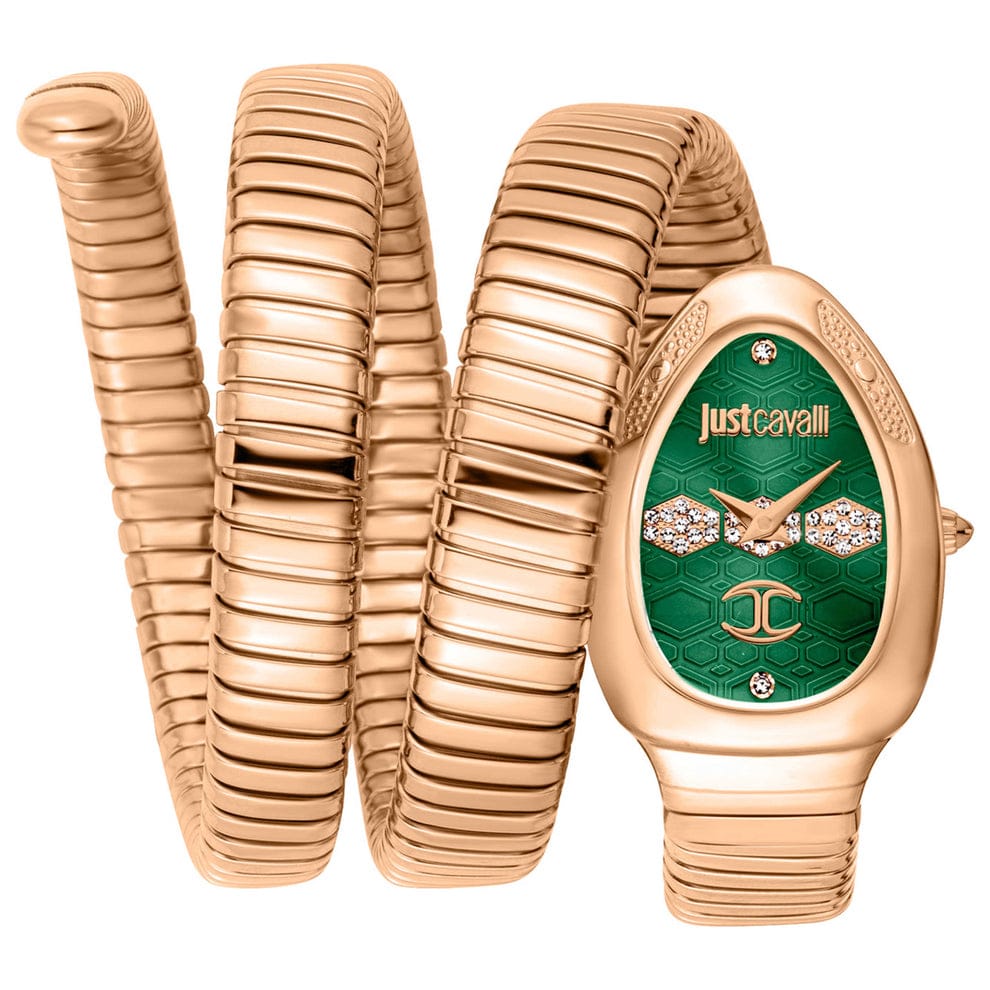 Just Cavalli Signature Snake Women’s Watch JC1L232M0045 – Green Dial, Rose Gold Stainless Steel Bracelet, Quartz Fashion Watch