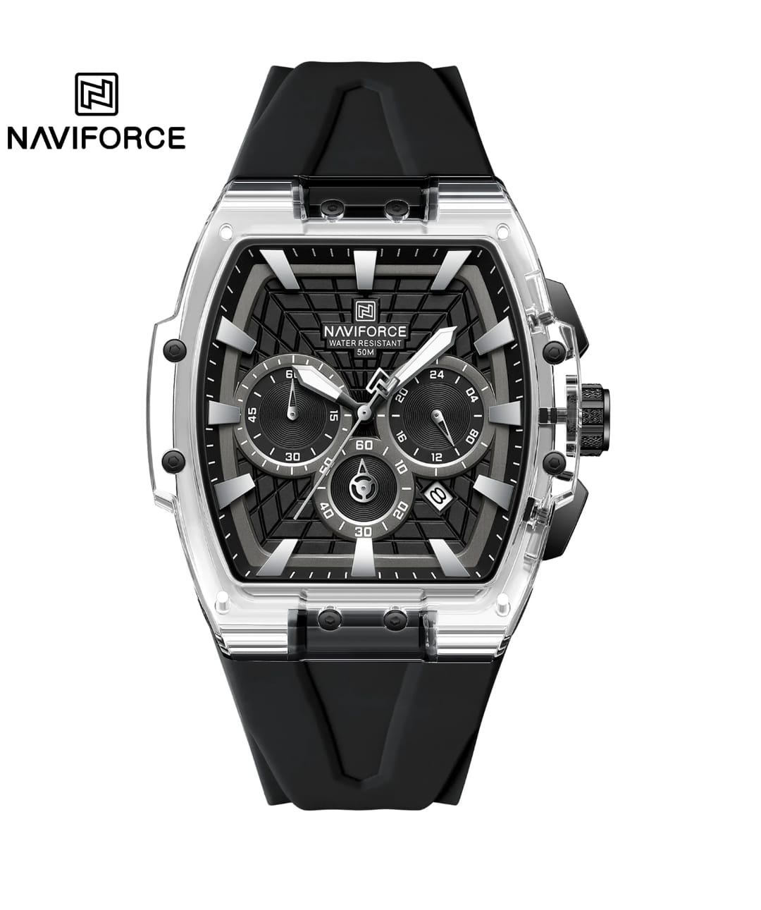 NAVIFORCE NF6113 Men's Multifunctional Chronograph Watch - Black Silicone Strap, 5ATM Water Resistant