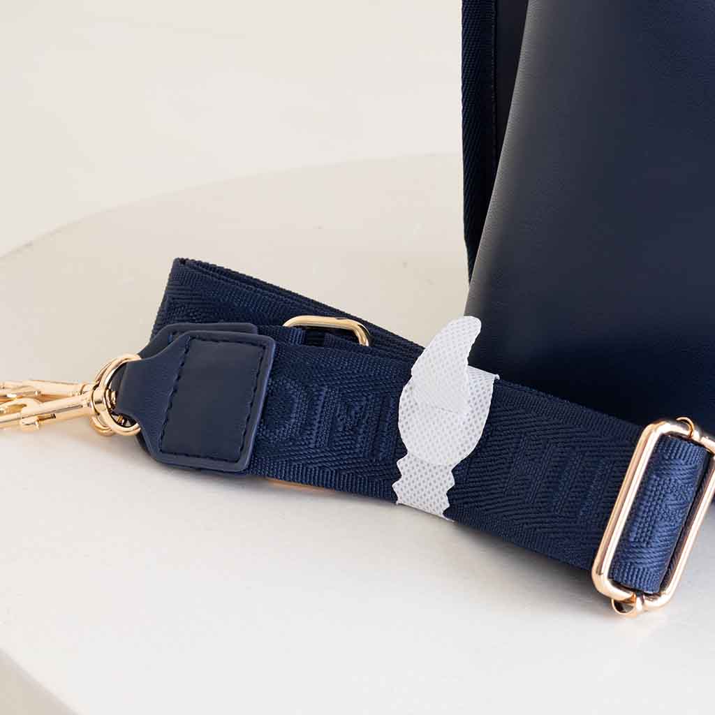 Women's Elegant Navy Blue Faux Leather Tote Bag with Striped Detail & Top Handles #0086