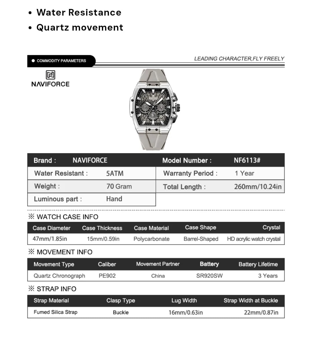 NAVIFORCE NF6113 Men's Multifunctional Chronograph Watch - Black Silicone Strap, 5ATM Water Resistant
