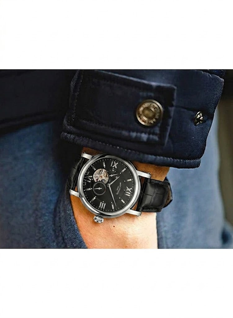 Luxury Skeleton Dial Automatic Watch – Nautilus-Inspired Design, Black Dial, Stainless Steel Case & Black Leather Strap