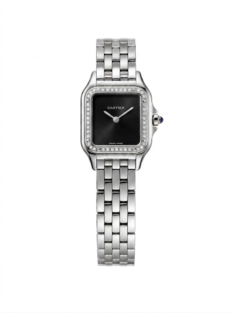Cartier Panthère-Inspired Women’s Silver-Tone Square Watch with Sparkling Rhinestone-Set Bezel & Black Dial (Small Case) Dimensions: 25.1 × 18.5 mm