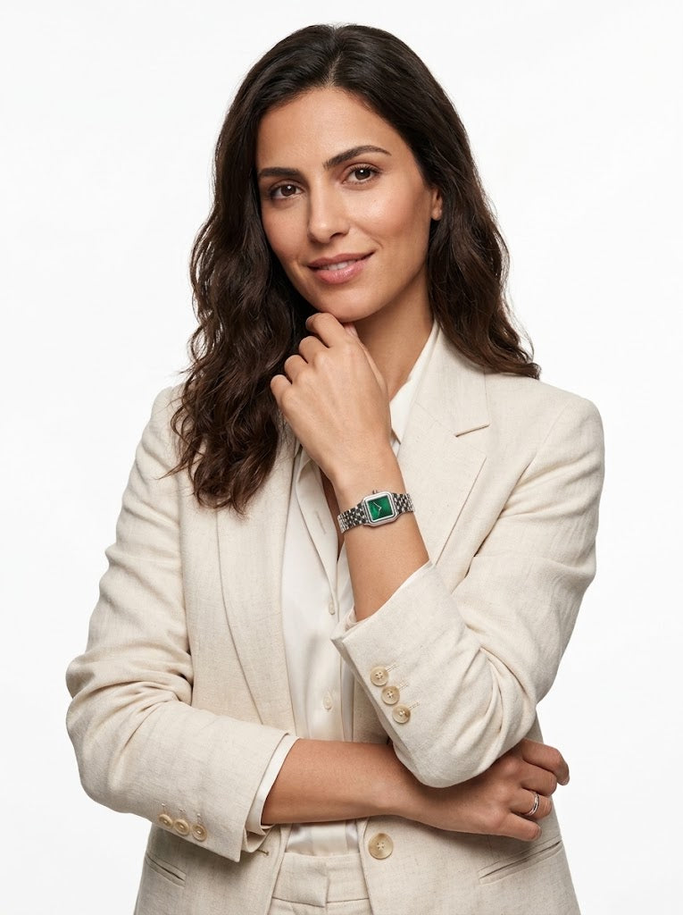 Cartier Panthère-Inspired Women's Silver-Tone Square Watch with Green Dial (Small Case)