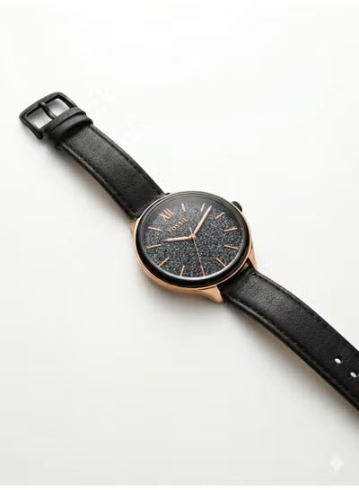 Women’s Leather Strap Watch – BQ33177  Fossil Rose Gold Case with Black Glitter Dial