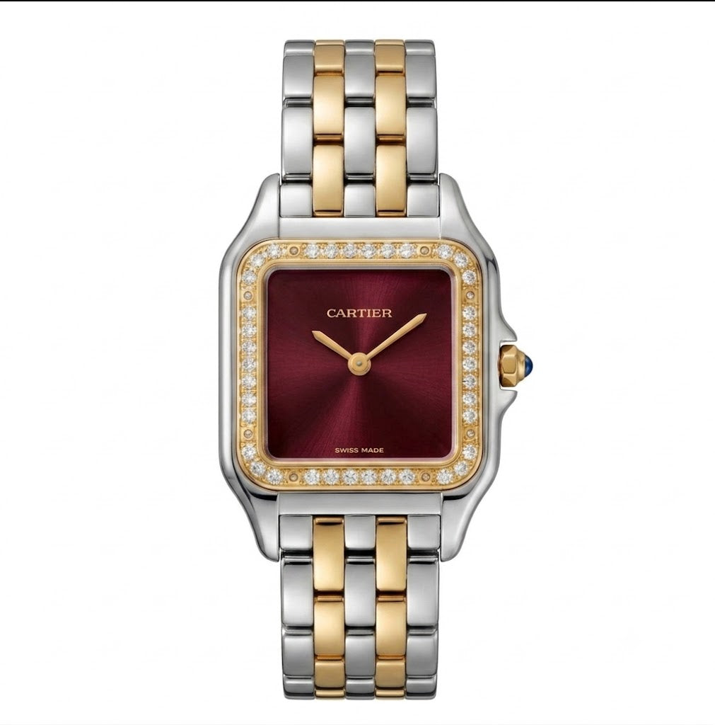Cartier Panthère Two-Tone Diamond Watch for Men – Burgundy Dial & Stainless Steel Bracelet