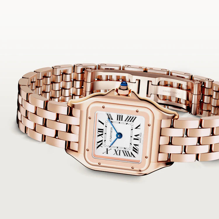 Cartier Panthère-Inspired Women’s Rose Gold-Tone Square Watch with White Dial (Small Case) Dimensions: 25.1 × 18.5 mm