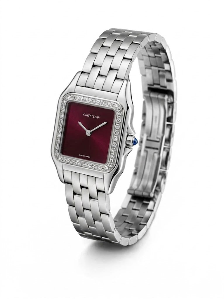 Cartier Panthère-Inspired Women’s Silver-Tone Square Watch with Sparkling Rhinestone-Set Bezel & Burgundy Dial (Medium Case) Dimensions: 36.5 × 26.7 mm