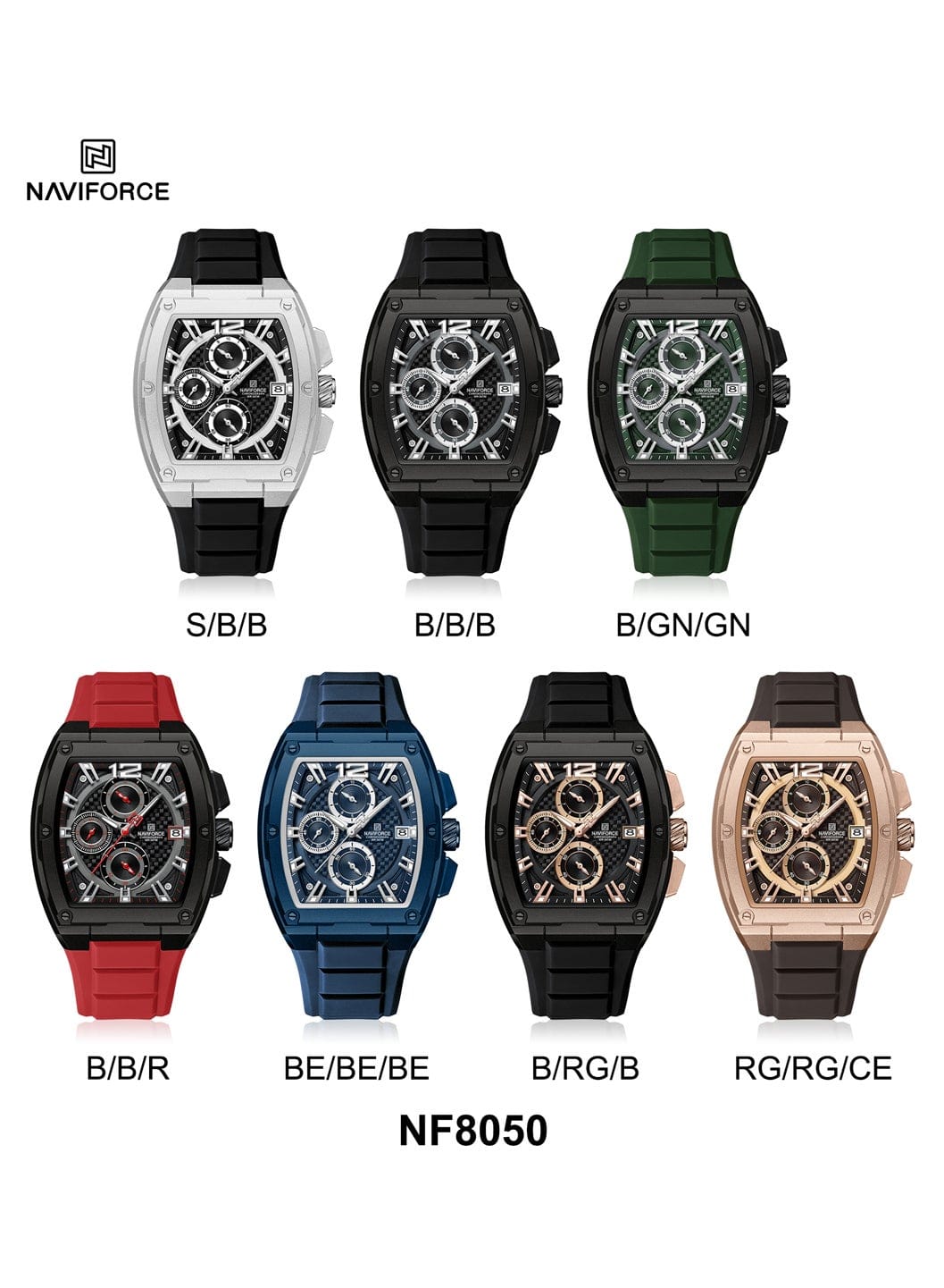 NAVIFORCE NF8050 Men's Analog Quartz Watch with Black Silicone Strap, 30M Water Resistant