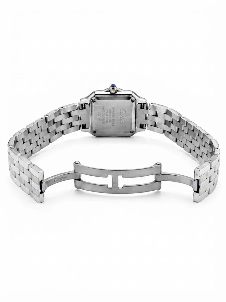Cartier Panthère-Inspired Women’s Silver-Tone Square Watch with Burgundy Dial (Small Case) Dimensions: 25.1 × 18.5 mm