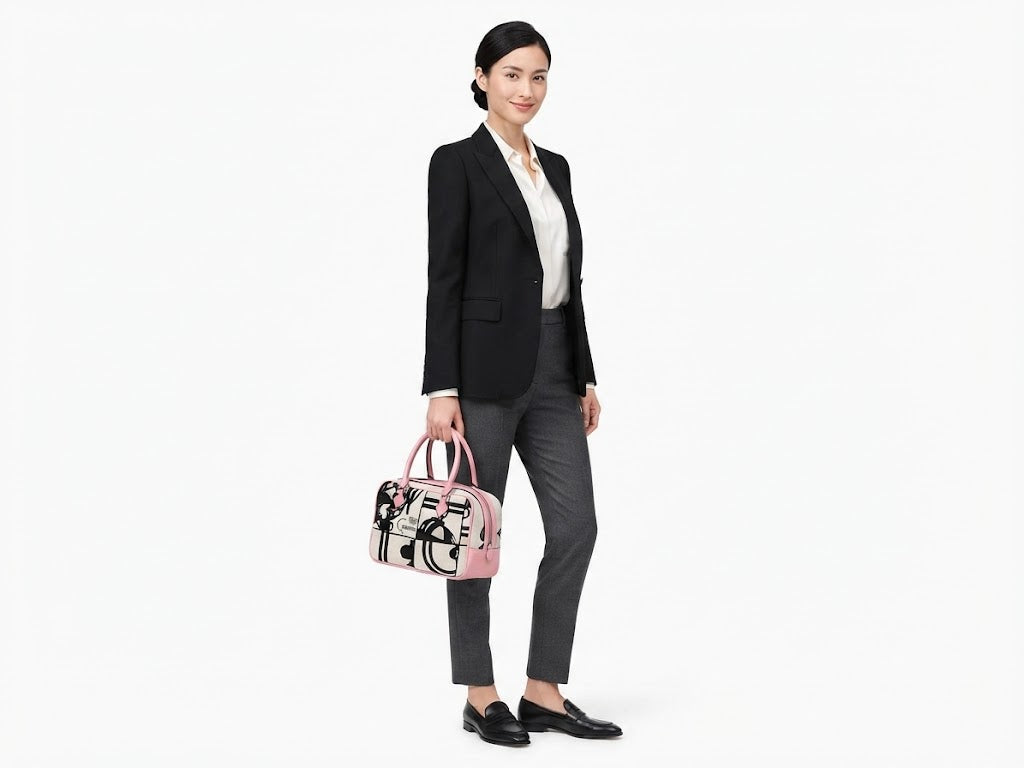 Women's Structured Top Handle Handbag with Artistic Print and Pink Trim#0002