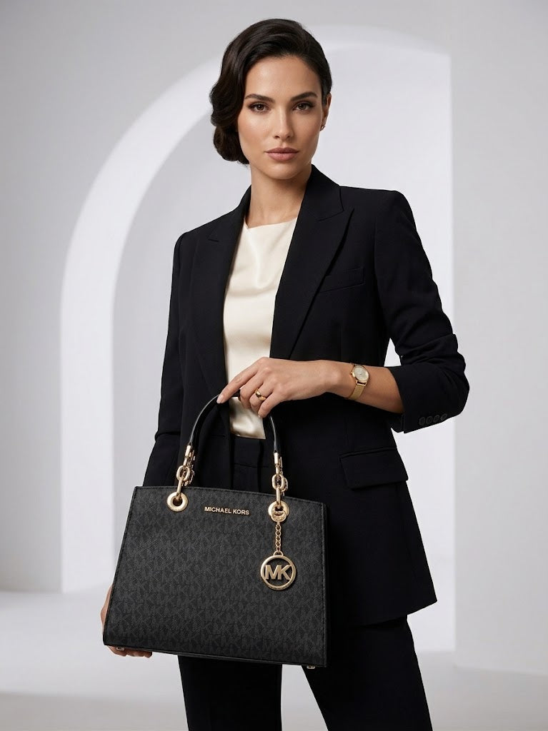 Michael Kors Cynthia Signature Logo Medium Satchel Bag - Black #0030