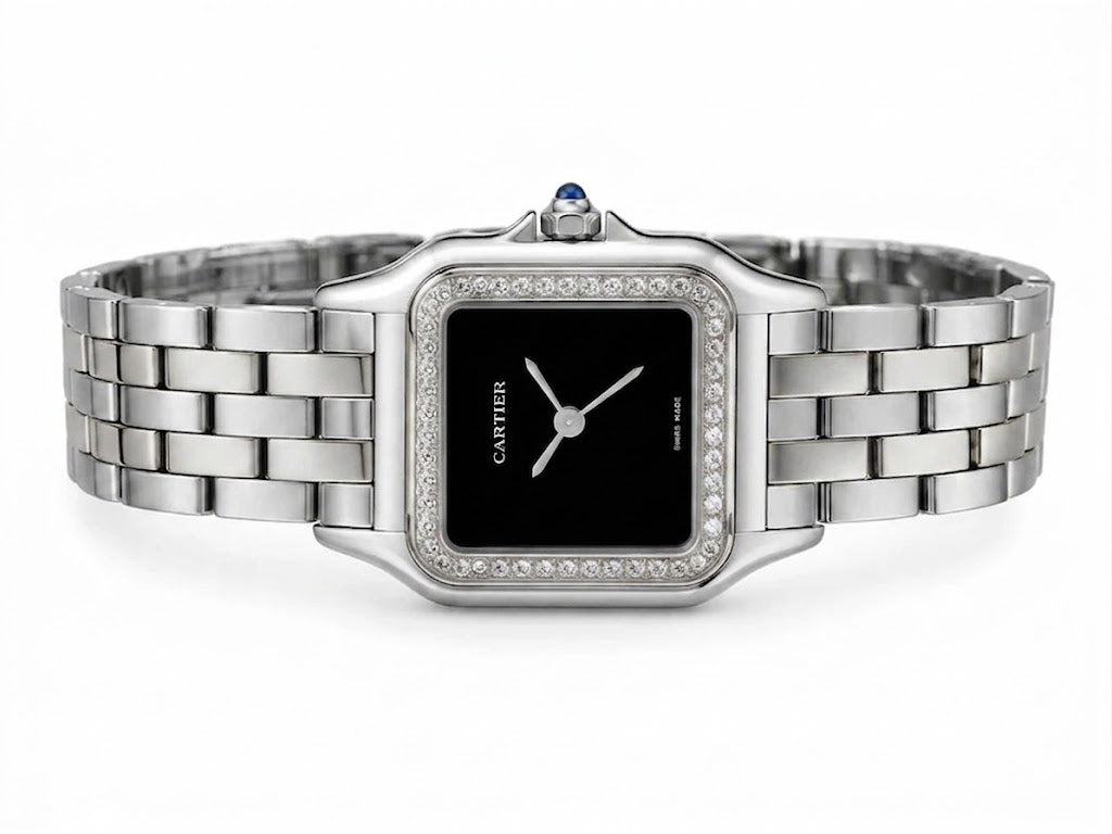 Cartier Panthère-Inspired Women’s Silver-Tone Square Watch with Sparkling Rhinestone-Set Bezel & Black Dial (Medium Case)  Dimensions: 36.5 × 26.7 mm