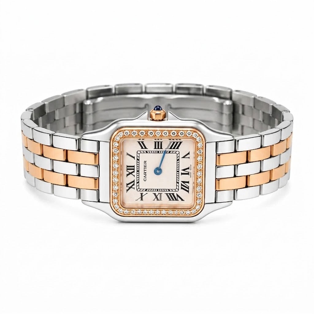 Cartier Women's Medium Square Two-Tone Stainless Steel Watch with White Dial (Rose Gold Accents) Dimensions: 36.5 × 26.7 mm