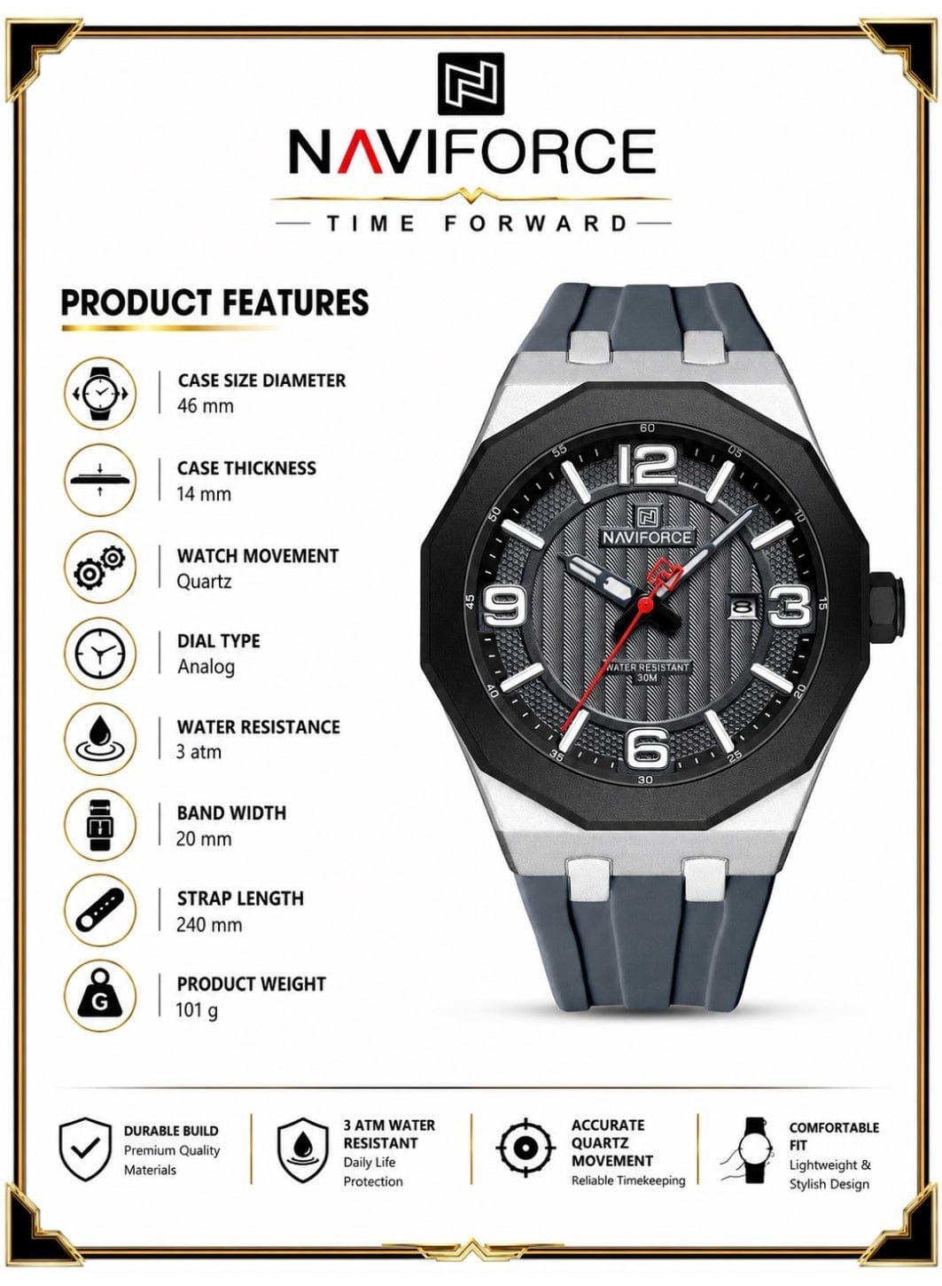 NAVIFORCE NF8079 Men's Analog Quartz Watch with Grey Silicone Strap