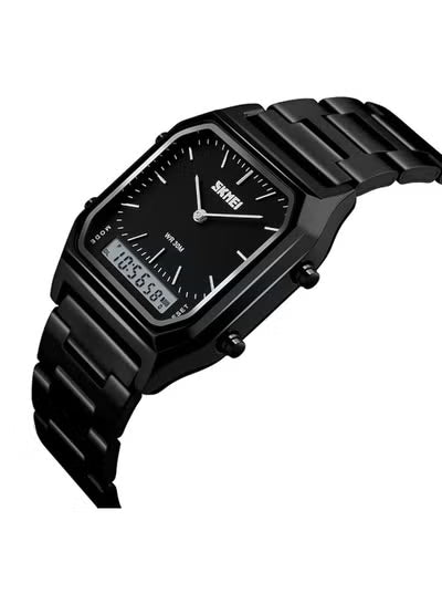 SKMEI 1220 Stainless Steel Analog Digital Watch – Black Dual Display Men’s Watch with Alarm, Stopwatch & Date