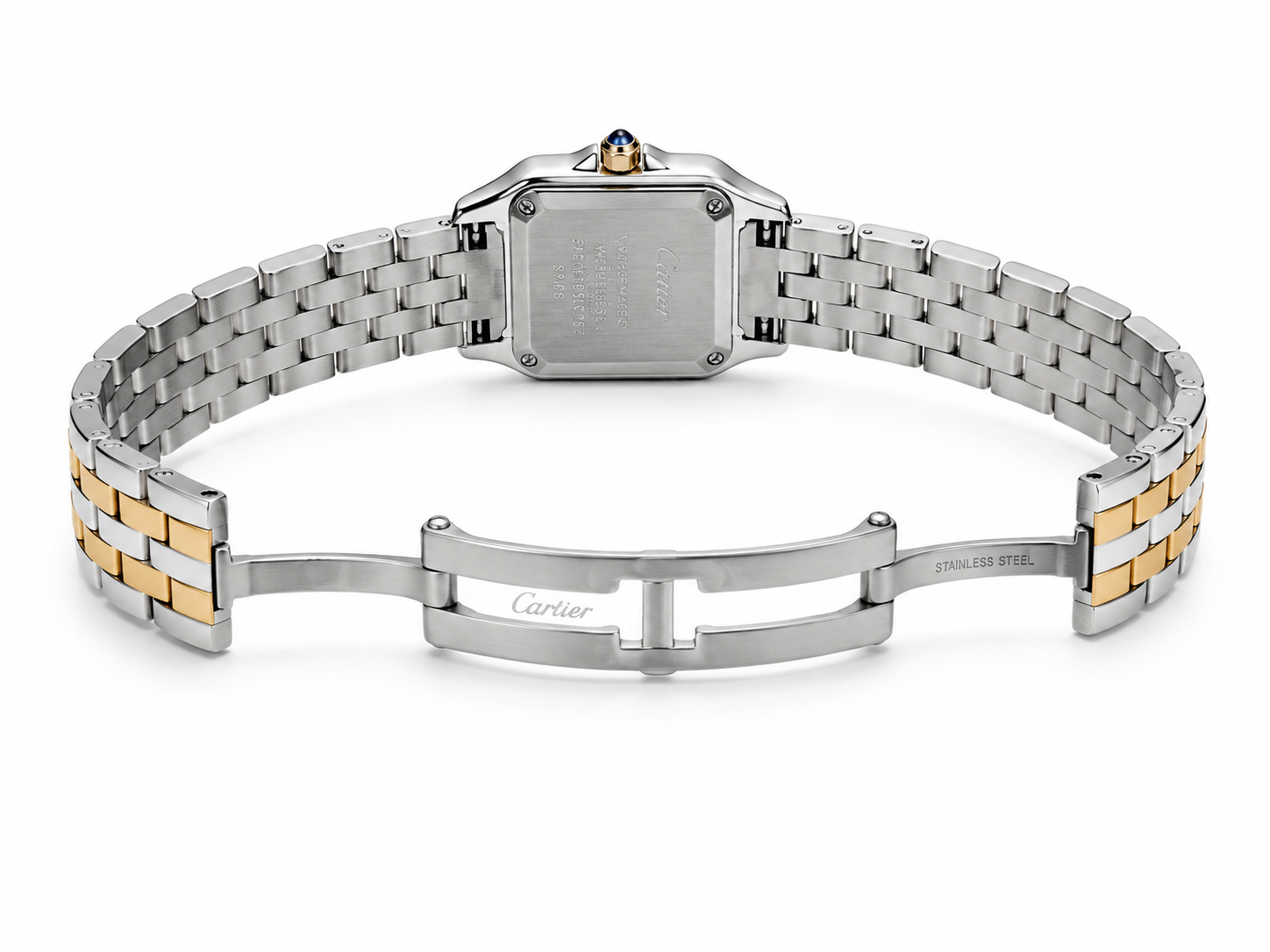 Cartier Women's Small Square Two-Tone Stainless Steel Watch with Silver Dial & Rose Gold Accents Dimensions: 25.1 × 18.5 mm