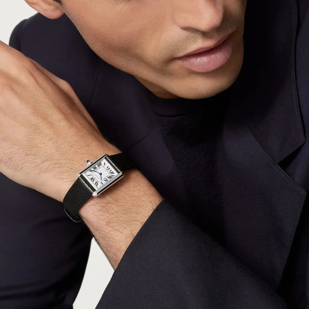 Cartier Men's Rectangular Watch – Silver-Tone Case & Black Leather Strap
