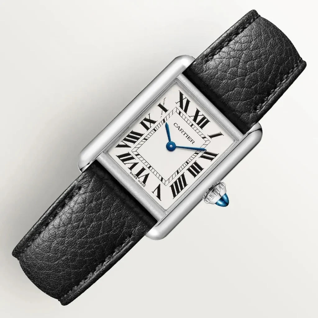 Cartier Men's Rectangular Watch – Silver-Tone Case & Black Leather Strap