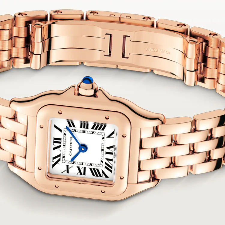 Cartier Panthère-Inspired Women’s Rose Gold-Tone Square Watch with White Dial (Small Case) Dimensions: 25.1 × 18.5 mm