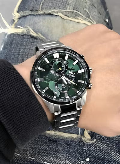 Casio Edifice EFR-303D-1A Men's World Time Watch – Green Dial Stainless Steel Analog Watch for Men, Dual Time, Quartz Movement