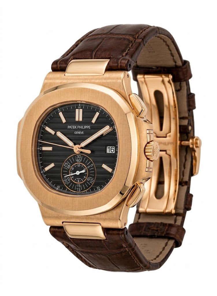 Luxury Nautilus-Style Watch – Black Textured Dial, Rose Gold Case & Brown Leather Strap