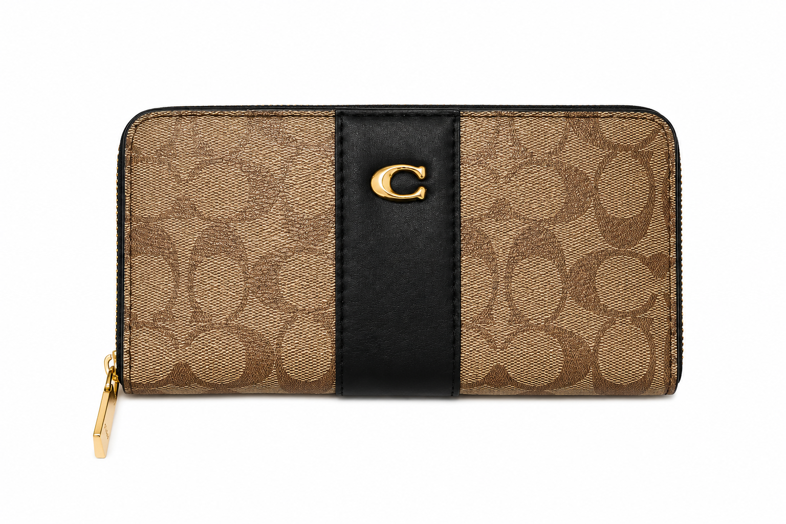 COACH Women's Signature Canvas Zip Around Wallet with Black Leather Stripe & Gold-Tone Hardware – Brown#06