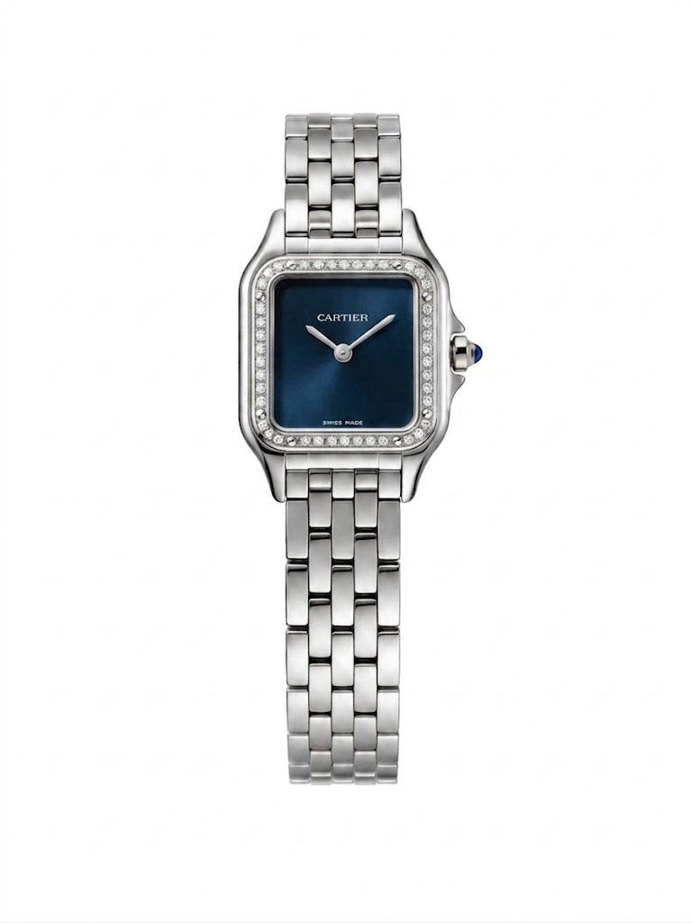 Cartier Panthère-Inspired Women’s Silver-Tone Square Watch with Sparkling Rhinestone-Set Bezel & Navy Blue Dial (Small Case) Dimensions: 25.1 × 18.5 mm