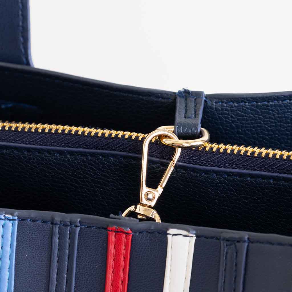 Women's Elegant Navy Blue Faux Leather Tote Bag with Striped Detail & Top Handles #0086