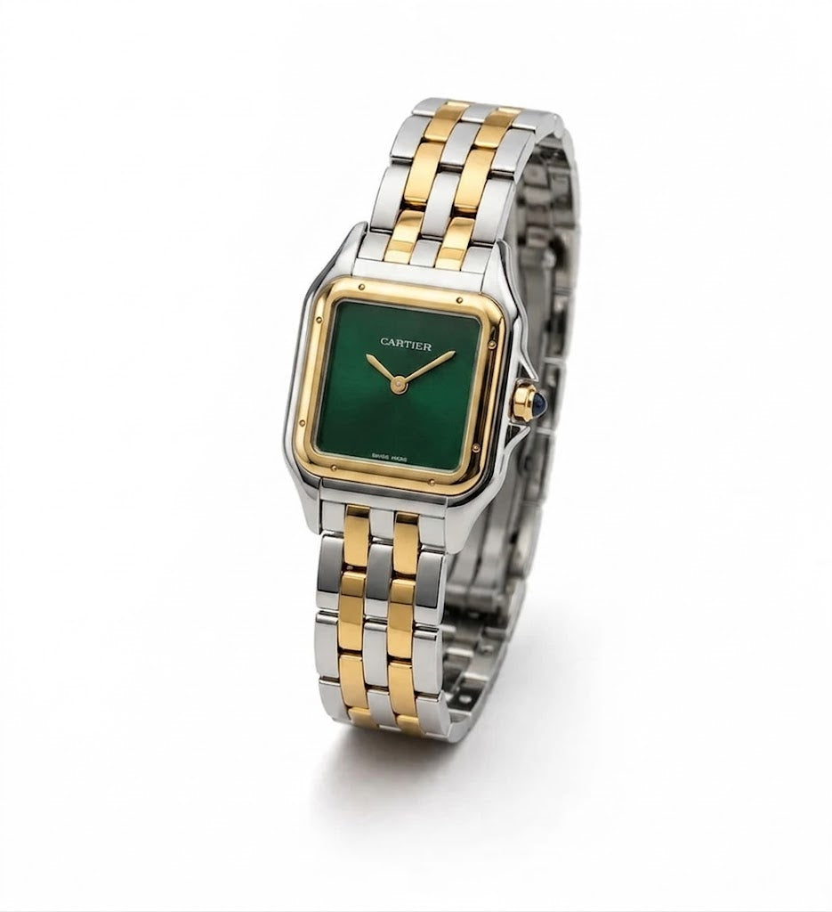 Cartier Panthère-Inspired Women’s Two-Tone Gold & Silver Square Watch with Green Dial (Small Case) Dimensions: 25.1 × 18.5 mm
