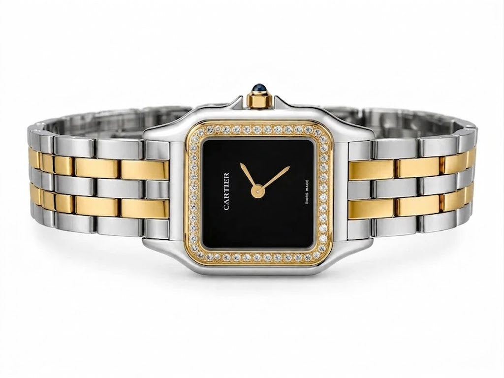 Cartier Panthère-Inspired Women’s Two-Tone Gold & Silver Square Watch with Sparkling Rhinestone-Set Bezel & Black Dial (Medium Case) Dimensions: 36.5 × 26.7 mm