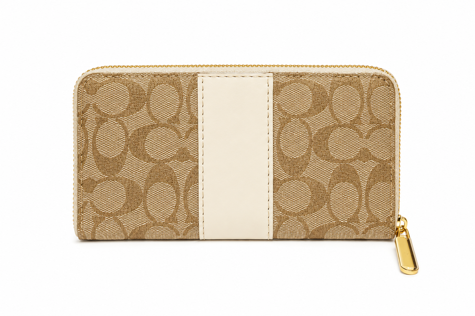 COACH Women's Signature Canvas Zip Around Wallet with Chalk Leather Stripe & Gold-Tone Hardware – Beige/Khaki#05