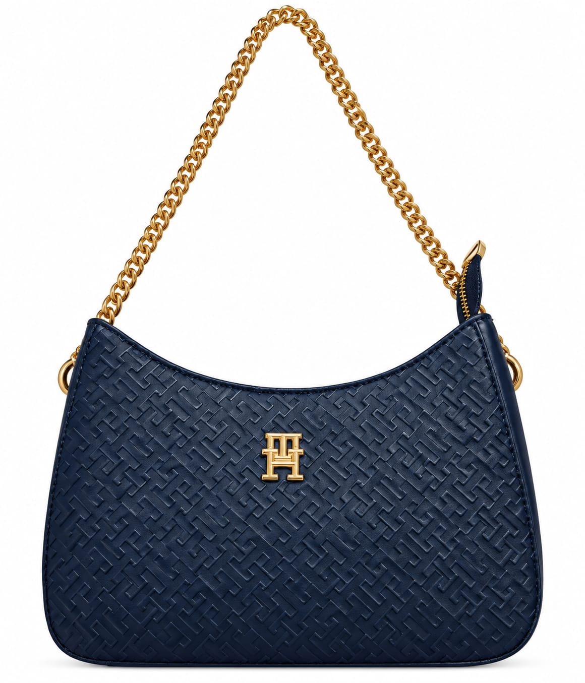 Tommy Hilfiger Women's Embossed Shoulder Bag, Navy Blue with Gold Chain Strap#0099