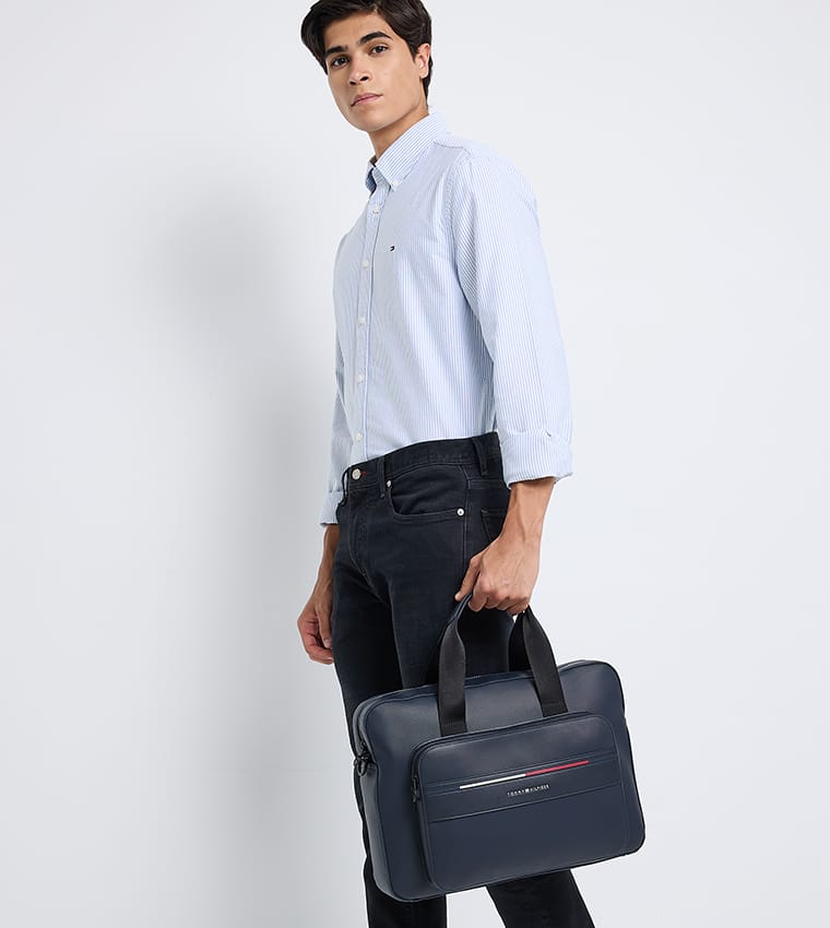 Tommy Hilfiger Navy Laptop Bag for Men – Premium Faux Leather Business Briefcase#NA-1