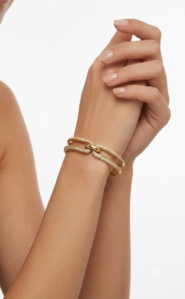 Women's Gold Stainless Steel Open Cuff Bracelet – Modern Chain-Inspired Elegant Design#022