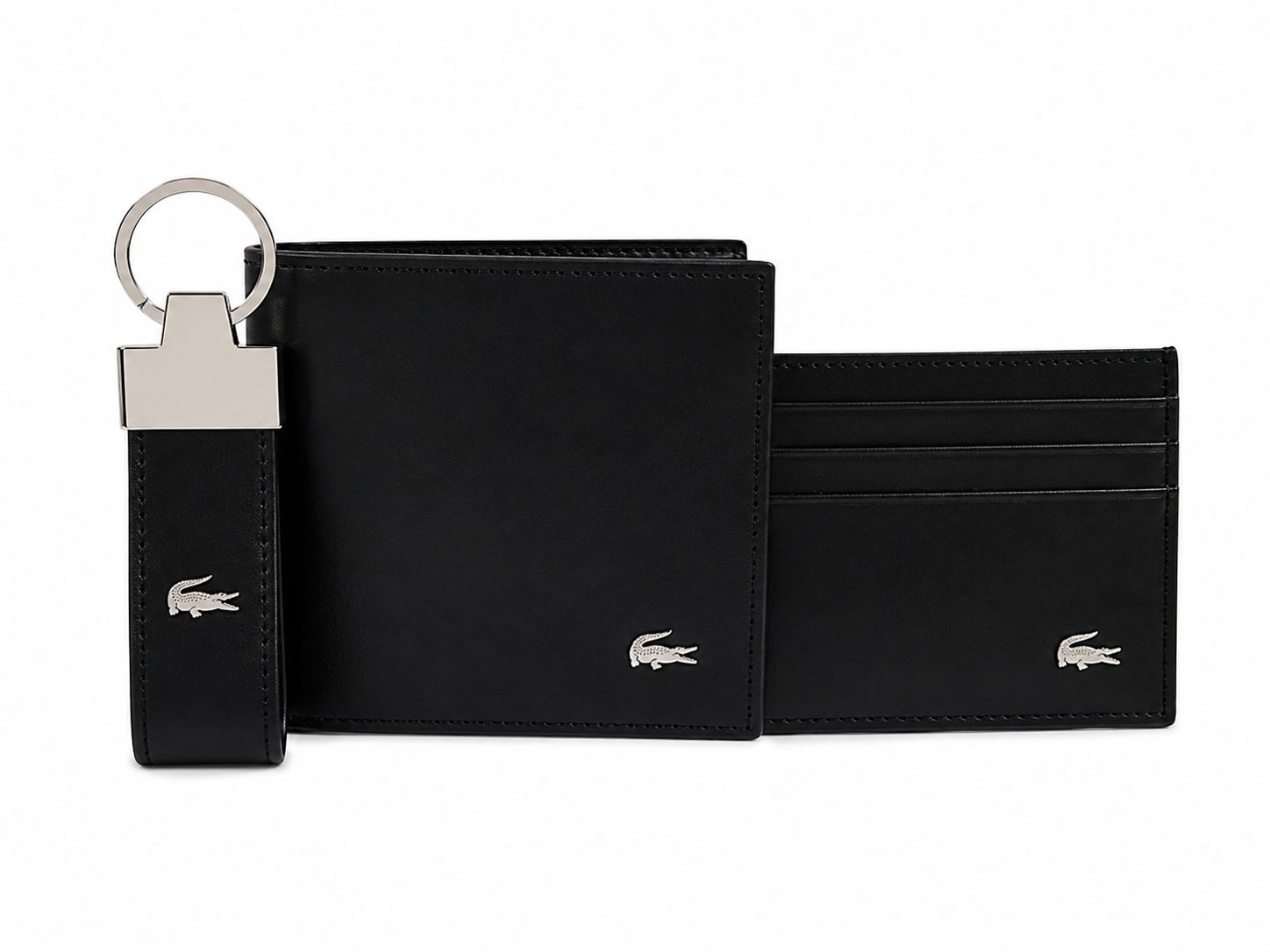 LACOSTE Men's Premium Smooth Leather Gift Set – Black Wallet, Card Holder & Keychain with Silver Crocodile Logo#02