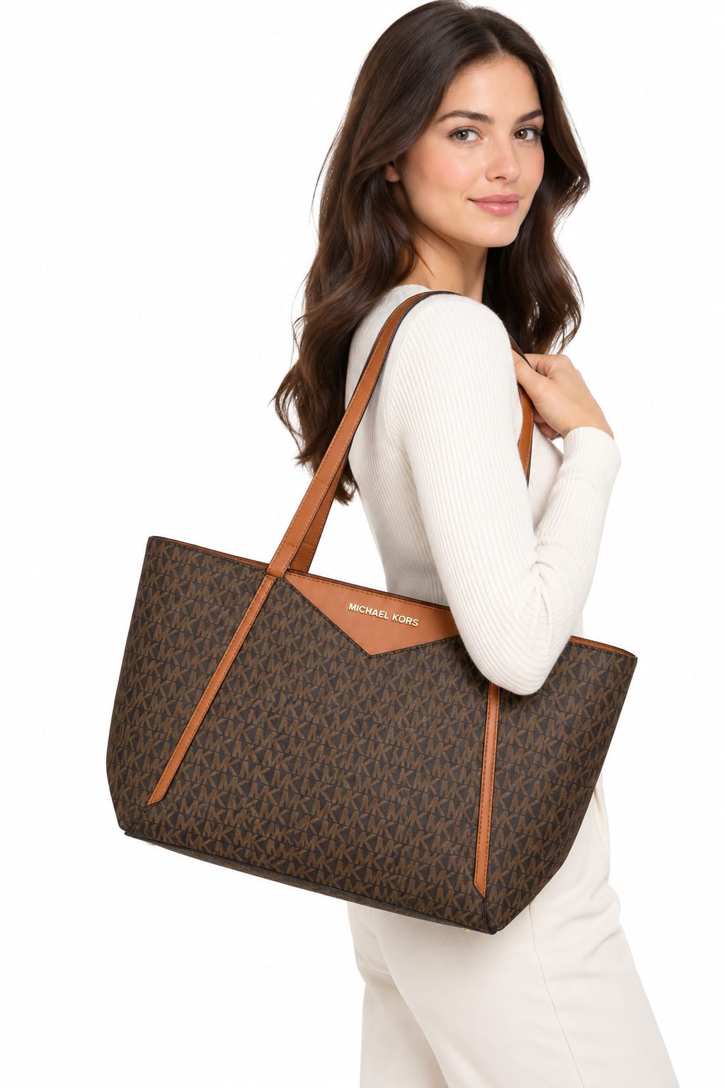 Michael Kors Brown Signature Monogram Large Tote Bag – Tan Leather Trim#0069
