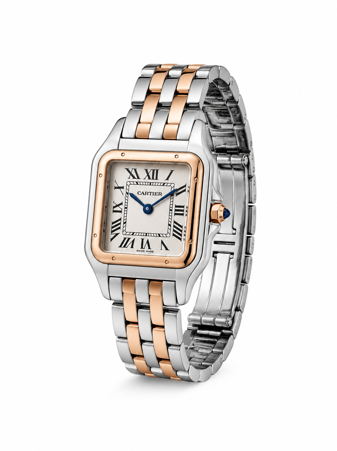 Cartier Women's Small Square Two-Tone Stainless Steel Watch with White Dial & Rose Gold Accents  Dimensions: 25.1 × 18.5 mm