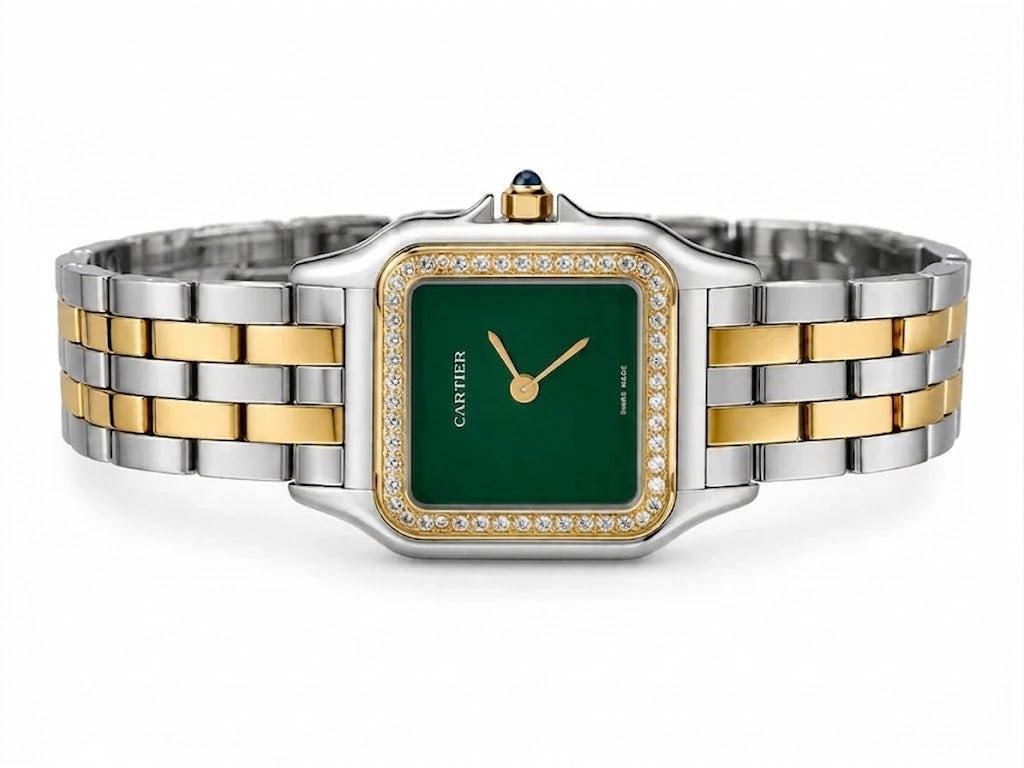 Cartier Panthère-Inspired Women’s Two-Tone Gold & Silver Square Watch with Sparkling Rhinestone-Set Bezel & Green Dial (Medium Case) Dimensions: 36.5 × 26.7 mm