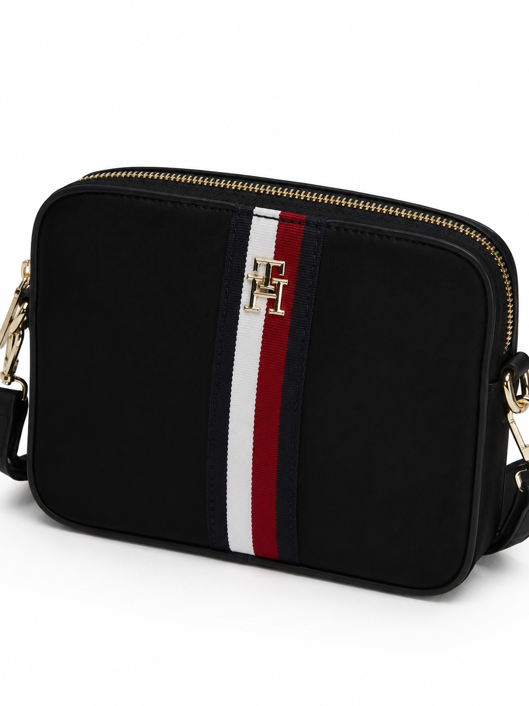 Tommy Hilfiger Women's Half-Moon Crossbody Bag – Black with Signature Stripe & Adjustable Shoulder Strap#05